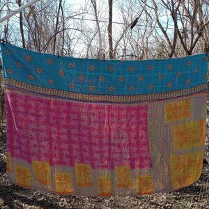 Kantha Quilt Blue Pink Yellow Green Village Premium 3 Layer Cotton K137.